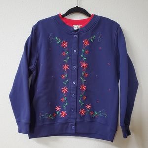 Vintage 90s Malarkey Embroidered Pink Floral Poinsettia and Holly Cardigan